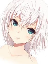 Rule 34 | androgynous, blush, gender request, green eyes, highres, looking at viewer, nude, okino ryuuto, original, simple background, smile, solo, white background, white hair