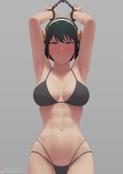 Rule 34 | 1girl, abs, armpits, arms up, bare shoulders, bikini, black bikini, black bra, black hair, black panties, blush, bound, bound wrists, bra, breasts, cleavage, clenched teeth, commentary request, cowboy shot, flower, gold hairband, golden rose, grey background, hair flower, hair ornament, hairband, highleg, highleg panties, highres, looking at viewer, medium breasts, navel, panties, putcher, red eyes, restrained, rose, sidelocks, simple background, solo, spy x family, string bikini, swimsuit, teeth, toned, underwear, yor briar