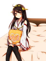 Rule 34 | 10s, 1girl, ahoge, bare shoulders, bed, black hair, black thighhighs, blush, brown eyes, detached sleeves, double bun, frilled skirt, frills, hair bun, hairband, haruna (kancolle), headgear, japanese clothes, kantai collection, long hair, looking at viewer, nontraditional miko, on bed, pillow, pleated skirt, red skirt, ribbon-trimmed sleeves, ribbon trim, sitting, skirt, smile, solo, thighhighs, umino (anesthesia), wide sleeves, yes, yes-no pillow, zettai ryouiki