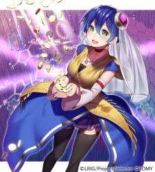 Rule 34 | 10s, 1girl, black thighhighs, blue hair, choker, coin, collarbone, detached sleeves, earrings, green eyes, heart, heart-shaped pupils, jewelry, long sleeves, money, necklace, official art, open mouth, original, pendant, ray-akila, ring, shirt, short hair, skirt, smile, solo, symbol-shaped pupils, thighhighs, veil, wide sleeves, wixoss, zettai ryouiki