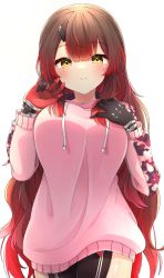Rule 34 | 1girl, absurdres, android, blush, breasts, brown hair, gradient hair, gunsou1350, hair between eyes, hand on own chest, highres, hololive, hood, hoodie, large breasts, long hair, looking at viewer, mechanical arms, multicolored hair, pink hoodie, red hair, roboco-san, roboco-san (hoodie), simple background, smile, solo, very long hair, virtual youtuber, wavy hair, white background, yellow eyes