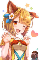 Rule 34 | 1girl, ;3, ;d, = =, animal ears, blonde hair, blouse, blue ribbon, blunt bangs, blush, bob cut, braid, braided bangs, breasts, claw pose, collarbone, commentary request, dog, dog ears, ear down, erune, fingernails, flower, french braid, garjana, granblue fantasy, hair flower, hair ornament, hair ribbon, hands up, heart, highres, looking at viewer, musical note, nail polish, one eye closed, open mouth, orange eyes, orange neckwear, parted bangs, ribbon, shirt, short hair, short sleeves, small breasts, smile, star (symbol), starry background, tomo (tmtm mf mf), upper body, vajra (granblue fantasy), white background, white flower, white nails, yellow shirt
