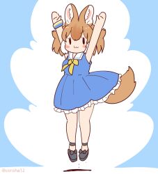 Rule 34 | 1girl, animal ears, bare arms, bare shoulders, black eyes, black footwear, blue dress, blush, bow, breasts, brown hair, common dolphin (kemono friends), common dolphin (kemono friends) (cosplay), coroha, cosplay, dhole (kemono friends), dog ears, dog girl, dog tail, dress, extra ears, frilled dress, frills, hair between eyes, jumping, kemono friends, kemono friends 3, looking at viewer, medium breasts, multicolored hair, sailor collar, sailor dress, shoes, short hair, simple background, sleeveless, sleeveless dress, smile, solo, tail, two-tone hair, white background, white hair, wristband