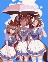 Rule 34 | 3girls, animal ears, aston machan (umamusume), b6mti, blue shirt, blue sky, blush, breasts, brown hair, closed eyes, closed mouth, cloud, commentary request, daiwa scarlet (umamusume), day, frilled skirt, frills, green eyes, hair between eyes, hair intakes, hair over one eye, highres, holding, holding umbrella, horse ears, horse girl, horse tail, large breasts, long hair, looking at viewer, multicolored hair, multiple girls, outdoors, pink umbrella, pleated skirt, puffy short sleeves, puffy sleeves, red eyes, shared umbrella, shirt, short sleeves, skirt, sky, streaked hair, sweat, tail, thighhighs, tiara, twintails, umamusume, umbrella, very long hair, vodka (umamusume), white hair, white skirt, white thighhighs