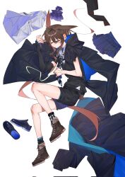 Rule 34 | 1girl, amiya (arknights), animal ears, arknights, ascot, black cape, black footwear, black gloves, black jacket, black shirt, black shorts, black socks, blue skirt, boots, brown footwear, brown hair, cape, closed eyes, closed mouth, commentary, corrupted twitter file, elbow gloves, fingerless gloves, from above, gloves, highres, jacket, jewelry, long hair, lying, molu stranger, multiple rings, on side, pleated skirt, ponytail, purple ascot, rabbit ears, ring, shirt, shorts, simple background, single glove, skirt, sleeping, socks, solo, unworn ascot, unworn footwear, unworn jacket, unworn shirt, white background, white shirt