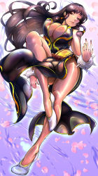 Rule 34 | 1girl, alternate costume, bare legs, bare shoulders, black eyes, black hair, black nails, bracelet, breasts, capcom, china dress, chinese clothes, chun-li, cleavage, cleavage cutout, clothing cutout, dress, female focus, fighting stance, full body, hair tubes, highres, jewelry, large breasts, leg up, long hair, looking at viewer, masayoshi, nail polish, parted lips, pelvic curtain, shiny skin, shoes, sidelocks, sleeveless, sleeveless dress, smile, solo, spiked bracelet, spikes, street fighter, street fighter v, white footwear