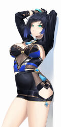 Rule 34 | 1girl, absurdres, arms up, black gloves, black hair, black jacket, black shorts, blue hair, blush, bob cut, bracelet, breasts, cleavage, cropped jacket, diagonal bangs, dice, earrings, genshin impact, gloves, green eyes, highres, jacket, jewelry, large breasts, looking at viewer, mole, mole on breast, multicolored hair, neck ring, pixel (yuxian), short hair, shorts, shrug (clothing), solo, tassel, thighs, two-tone hair, vision (genshin impact), yelan (genshin impact)