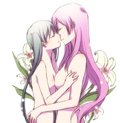 Rule 34 | 2girls, :o, asymmetrical docking, bare arms, bare shoulders, blue hair, breast press, breasts, couple, closed eyes, female focus, flat chest, flower, grey hair, hatsune miku, hug, imminent kiss, kiss, lily (flower), long hair, medium breasts, megurine luka, multiple girls, neck, nipples, nude, open mouth, pink hair, sekihara umina, symmetrical docking, twintails, upper body, very long hair, vocaloid, white flower, yuri