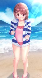 Rule 34 | 1girl, absurdres, akajiyuuki, bare legs, beach, blue sky, brown hair, casual one-piece swimsuit, cloud, collarbone, covered navel, day, embarrassed, flat chest, hair ornament, hairclip, hanadera nodoka, healin&#039; good precure, highres, jacket, lens flare, long sleeves, ocean, one-piece swimsuit, open clothes, open jacket, outdoors, pink one-piece swimsuit, precure, short hair, signature, sky, solo, standing, striped clothes, striped jacket, sunlight, swimsuit, unzipped