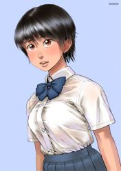 Rule 34 | 1girl, ayumu (zenkou), black hair, blue background, blue skirt, blush, bow, bowtie, breasts, dated, dutch angle, large breasts, looking at viewer, orange eyes, original, parted lips, pleated skirt, school uniform, shirt, short hair, simple background, skirt, solo, taut clothes, taut shirt, upper body, zenkou