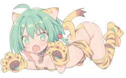 Rule 34 | 1girl, :o, ahoge, animal ears, animal hands, animal print, bare shoulders, bikini, blade (galaxist), blush, breasts, chain, cham cham, collarbone, fang, full body, gloves, green eyes, green hair, hair between eyes, open mouth, paw gloves, paw shoes, print thighhighs, samurai spirits, shoes, simple background, skin fang, small breasts, solo, striped clothes, striped thighhighs, swimsuit, tail, tail raised, thighhighs, tiger ears, tiger girl, tiger print, tiger tail, white background, yellow bikini
