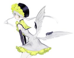 Rule 34 | 1girl, absurdres, bad id, bad twitter id, bare shoulders, bent over, black gloves, black hat, blush, closed mouth, collared dress, dress, elbow gloves, feathered wings, female focus, flower, frilled shirt collar, frills, from behind, gloves, green eyes, hat, hat flower, highres, leaning forward, long hair, looking at viewer, looking back, low wings, original, ozyako, plant, simple background, sleeveless, sleeveless dress, solo, twintails, white background, white hair, white wings, wings