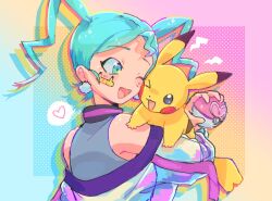 Rule 34 | &gt; o, 1girl, :d, armpit peek, bandaid, bandaid on cheek, bandaid on face, blue eyes, blush, creatures (company), drop shadow, earrings, game freak, gen 1 pokemon, gradient background, grey jacket, grey shirt, hair behind ear, hatsune miku, heart, highres, holding, holding poke ball, jacket, jewelry, kira (marshukitty), looking down, nintendo, off shoulder, on shoulder, one eye closed, open mouth, parted bangs, pikachu, poke ball, pokemon, pokemon (creature), pokemon on shoulder, pom pom (clothes), pom pom earrings, project voltage, shirt, smile, solo, speech bubble, spoken heart, vocaloid