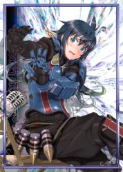 Rule 34 | 00s, 10s, 1girl, asymmetrical gloves, black hair, blue eyes, embarrassed, gauntlets, gloves, imca, long hair, looking at viewer, lowres, mikazuki akira!, military, military uniform, open mouth, senjou no valkyria, senjou no valkyria (series), senjou no valkyria 3, sitting, solo, uneven gloves, uniform