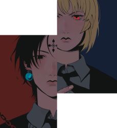 Rule 34 | 1boy, 1other, androgynous, black eyes, black hair, black suit, blonde hair, blue background, chain, chrollo lucilfer, cross tattoo, earrings, facial mark, facial tattoo, forehead mark, forehead tattoo, formal, highres, hunter x hunter, jewelry, kurapika, looking at viewer, necktie, red background, red eyes, shirt, short hair, split screen, suit, tattoo, two-tone background, vain witch, white shirt