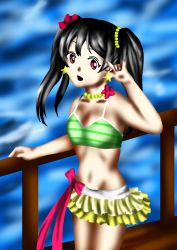 Rule 34 | 1girl, artist name, artist request, bare legs, bare shoulders, bikini, bikini skirt, black hair, blush, bow, bracelet, breasts, cleavage, collarbone, earrings, female focus, floating hair, flower, green bikini, hair bobbles, hair bow, hair flower, hair ornament, hibiscus, highres, jewelry, long hair, looking at viewer, love live!, love live! school idol project, natsuiro egao de 1 2 jump!, navel, necklace, pearl necklace, red bow, red eyes, red flower, short hair, sirjonesiii, small breasts, smile, solo, star (symbol), star earrings, striped bikini, striped clothes, swimsuit, twintails, yazawa nico