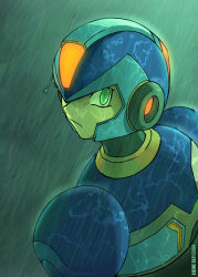 Rule 34 | 1boy, android, capcom, caroline hirbec, closed mouth, expressionless, from behind, glowing, green eyes, green theme, looking at viewer, looking back, male focus, mega man (series), x (mega man), mega man x (series), no pupils, rain, solo, upper body, water