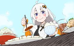 Rule 34 | 1girl, :&gt;, ahoge, black dress, blue eyes, blue sky, blush stickers, bowl, braid, chopsticks, commentary, cup, dress, drinking glass, dumpling, eating, elbow gloves, fingerless gloves, food, food on face, fried rice, from below, full mouth, gloves, grey hair, hair ornament, holding, holding bowl, holding chopsticks, ice, iced tea, jiaozi, kizuna akari, meal, orange gloves, peas, plate, rice, rice on face, saitou tasuke, shirt, sky, solo, spoon, thick eyebrows, upper body, vocaloid, voiceroid, white shirt
