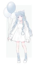 Rule 34 | 1girl, absurdres, animal ears, arm at side, balloon, blush, closed mouth, collarbone, commentary, dress, eyelashes, grey socks, highres, holding, holding string, knees, long hair, long sleeves, looking at viewer, original, shoes, silver hair, sleeves past wrists, socks, solo, string, symbol-only commentary, ting (tingiiio), white dress, white footwear