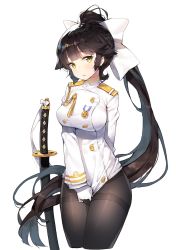 Rule 34 | 1girl, ayami (annahibi), azur lane, black hair, bow, breasts, hair bow, hair flaps, highres, large breasts, long hair, looking at viewer, military, military uniform, no pants, open mouth, pantyhose, ponytail, sidelocks, simple background, solo, takao (azur lane), thighband pantyhose, uniform, very long hair, white background, white bow, yellow eyes