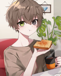 Rule 34 | 1boy, alban knox, bread slice, chair, chewing, coffee, coffee mug, commentary, commentary request, cup, diamond (gemstone), eating, food, food in mouth, green eyes, grey eyes, grey hair, grey shirt, heterochromia, highres, indoors, korean commentary, looking at viewer, male focus, mel (njsj mel), mouth hold, mug, nijisanji, nijisanji en, on chair, picture frame, plant, potted plant, shirt, sitting, solo, steam, table, toast, toast in mouth, virtual youtuber