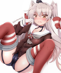 Rule 34 | 1girl, amatsukaze (kancolle), black panties, blush, brown dress, cameltoe, choker, cleft of venus, dress, fang, garter straps, gloves, grey hair, hair tubes, hairband, highres, innertube, kantai collection, lace, lace-trimmed panties, lace trim, long hair, neckerchief, open mouth, panties, red thighhighs, simple background, solo, spread legs, striped clothes, striped thighhighs, swim ring, tamayan, thighhighs, trefoil, twintails, twitter username, underwear, white background, white gloves, yellow eyes