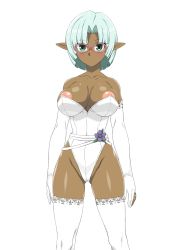 Rule 34 | 1girl, absurdres, arms at sides, bare shoulders, blue hair, blush, breasts, breasts out, butakoma 300g, closed mouth, collarbone, dark-skinned female, dark skin, elbow gloves, elf, expressionless, eyebrows, female focus, gloves, green eyes, groin, highleg, highleg leotard, highres, jewelry, large breasts, legs, leotard, light blue hair, looking at viewer, neck, nipple slip, nipples, original, partially fingerless gloves, pink-framed eyewear, pointy ears, ring, short hair, simple background, solo, standing, strapless, strapless leotard, thighhighs, white background, white gloves, white leotard, white thighhighs