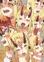 Rule 34 | + +, 1girl, anger vein, bare shoulders, black horns, black nails, blonde hair, blush, collarbone, commentary request, dress, drooling, earrings, eyeliner, facial mark, facial tattoo, fangs, fate/grand order, fate (series), finger to eye, fingernails, forehead mark, gradient hair, gradient horns, grey background, half-closed eyes, hand tattoo, hand up, highres, horns, ibaraki douji (fate), jewelry, long hair, long tongue, looking at viewer, makeup, menacing (jojo), mouth focus, multicolored hair, multicolored horns, multiple views, neck tattoo, oni, oni horns, open mouth, orange hair, partially shaded face, pointy ears, red eyeliner, red horns, sakupanp, sharp fingernails, sharp teeth, simple background, smile, sound effects, strapless, strapless dress, tattoo, teeth, tongue, tongue out, translation request, uneven eyes, white dress, yellow eyes