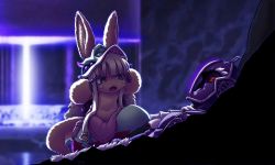 Rule 34 | 1boy, 1other, angry, animal ears, bondrewd, broken helmet, bune poster, ears through headwear, furry, highres, invincible (series), lying, made in abyss, meme, nanachi (made in abyss), open mouth, parody, pointing, pointing at self, think mark think! (meme)