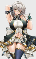 Rule 34 | 1girl, adapted costume, arm behind head, arm up, armpits, breasts, gloves, green eyes, grey hair, hairband, highres, hololive, large breasts, looking at viewer, official alternate costume, shirogane noel, short hair, smile, solo, thighhighs, tony guisado, virtual youtuber, white gloves
