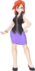 Rule 34 | 1girl, 3d, bare arms, bare shoulders, black footwear, breasts, contrapposto, creatures (company), facing viewer, formal, full body, game freak, glasses, high heels, legs, long hair, long legs, looking at viewer, lorelei (pokemon), matching hair/eyes, medium breasts, miniskirt, nintendo, no socks, official art, pencil skirt, pokemon, pokemon frlg, pokemon masters ex, ponytail, pumps, purple skirt, red hair, shirt, shoes, simple background, skirt, skirt set, skirt suit, sleeveless, sleeveless shirt, smile, solo, standing, suit, tagme, transparent background