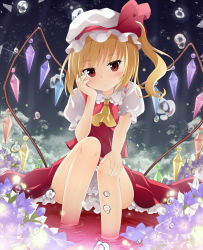 Rule 34 | 1girl, ascot, asymmetrical hair, bare legs, blood, closed mouth, crystal, demon wings, dress, flandre scarlet, flower, frilled dress, frilled sleeves, frills, hand on own cheek, hand on own face, hand on own knee, hat, head tilt, highres, looking at viewer, maccha, mob cap, puffy short sleeves, puffy sleeves, purple flower, rainbow order, red dress, short sleeves, side ponytail, smile, soaking feet, solo, sparkle, touhou, vampire, white hat, wings