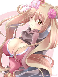 Rule 34 | 1girl, blush, breasts, brown eyes, brown hair, brown scarf, cleavage, closed mouth, double bun, elbow gloves, flower, gloves, guillotine cross (ragnarok online), hair between eyes, hair bun, hair flower, hair ornament, highres, large breasts, leotard, long hair, looking at viewer, official alternate costume, one eye closed, pink flower, pink gloves, ragnarok online, red leotard, scarf, smile, solo, tamak rui, translation request, two side up, upper body, very long hair, white background