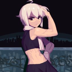 Rule 34 | 1girl, abs, ahoge, black background, black pants, black tank top, breasts, city, closed mouth, dana zane, english text, gattame, hand on own hip, hand on own head, looking at viewer, mechanical arms, night, pants, short hair, single mechanical arm, skyline, small breasts, solo, tank top, towel, towel around neck, twitter username, upper body, va-11 hall-a, white hair