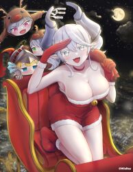 Rule 34 | 4girls, absurdres, arianna the labrynth servant, arianne the labrynth servant, bag, bare shoulders, blonde hair, blue eyes, blunt bangs, blush, breasts, christmas, cleavage, cosplay, demon girl, demon horns, dress, duel monster, earrings, full moon, gloves, green eyes, grey eyes, grey hair, highres, holding, holding bag, holding trident, horns, jewelry, knight (yu-gi-oh!), large breasts, lovely labrynth of the silver castle, medium hair, midair, moon, multiple girls, onesie, open mouth, pointy ears, purple eyes, red gloves, rudolph the red nosed reindeer, rudolph the red nosed reindeer (cosplay), santa dress, smile, strapless, strapless dress, tongue, twintails, twitter username, wislley, yu-gi-oh!