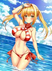 Rule 34 | 1girl, ahoge, arm up, bead bracelet, beads, bikini, blonde hair, blue sky, blush, bracelet, breasts, closed mouth, cloud, criss-cross halter, day, earrings, fate/grand order, fate (series), green eyes, hair intakes, halterneck, jewelry, large breasts, long hair, looking at viewer, navel, nero claudius (fate), nero claudius (fate) (all), nero claudius (swimsuit caster) (fate), ocean, outdoors, partially submerged, red bikini, shimo (shimo 00), side-tie bikini bottom, sky, smile, solo, swimsuit, twintails, wading, wet