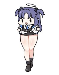Rule 34 | 1girl, black skirt, blue archive, blue necktie, blush, chibi, halo, jacket, long hair, long sleeves, necktie, open mouth, purple hair, sechi (sechihyeo), shirt, simple background, skirt, thick thighs, thighs, twintails, two side up, white jacket, white shirt, yuuka (blue archive)