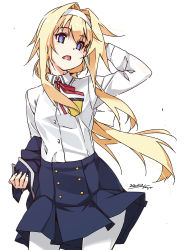 Rule 34 | 1girl, alice zuberg, blonde hair, blue eyes, bow, cowboy shot, dated, facing viewer, hairband, highres, long hair, open mouth, pantyhose, red bow, school uniform, shikei, shirt, solo, sword art online, sword art online: alicization, white background, white hairband, white pantyhose, white shirt, wind