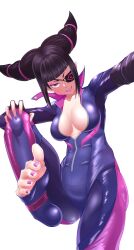 Rule 34 | 1girl, absurdres, barefoot, black hair, blush, catsuit, eyepatch, feet, han juri, hand on own knee, highres, long hair, looking at viewer, parted lips, pink eyes, smile, soles, street fighter, toeless legwear, toes, white background