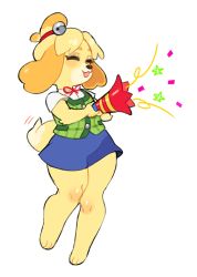 Rule 34 | 1girl, :3, animal crossing, animal ears, animal hands, barefoot, bell, blonde hair, blue skirt, blush, closed eyes, confetti, dog ears, dog girl, dog tail, female focus, flat chest, full body, furry, furry female, green vest, hair bell, hair ornament, hair tie, hands up, happy, highres, holding, isabelle (animal crossing), jingle bell, miniskirt, neck ribbon, nintendo, open mouth, own hands together, paperrose, party popper, red ribbon, ribbon, shirt, short hair, short sleeves, simple background, skirt, smile, solo, standing, tail, topknot, vest, white background, white shirt