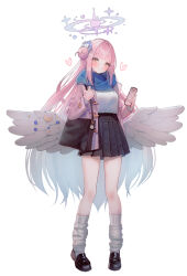 Rule 34 | 1girl, alternate costume, bag, black bag, black footwear, black skirt, blue archive, blue scarf, cellphone, closed mouth, feathered wings, full body, hair bun, hair ornament, hair scrunchie, halo, hanato (seonoaiko), highres, holding, holding phone, jacket, long hair, looking at viewer, low wings, mika (blue archive), phone, pink hair, pink jacket, scarf, scrunchie, shirt, shoes, shoulder bag, simple background, single hair bun, skirt, smartphone, smile, socks, very long hair, white background, white shirt, white socks, white wings, wings, yellow eyes