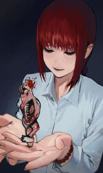Rule 34 | 1girl, absurdres, bead bracelet, beads, blood, bracelet, braid, chainsaw man, collared shirt, formal, hands up, highres, jewelry, light smile, long hair, makima (chainsaw man), necktie, office lady, red hair, shirt, solo, some1else45, upper body, white shirt, yellow eyes
