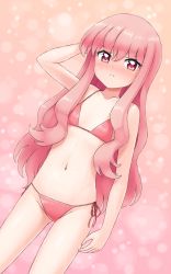 Rule 34 | 1girl, aposine, arm at side, arm behind head, bikini, blush, closed mouth, collarbone, dutch angle, flat chest, frown, groin, hair between eyes, highres, long hair, looking at viewer, louise francoise le blanc de la valliere, navel, nose blush, pink bikini, pink hair, side-tie bikini bottom, solo, standing, swimsuit, v-shaped eyebrows, very long hair, zero no tsukaima