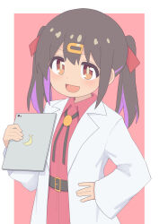 Rule 34 | 1girl, :d, belt, black hair, bolo tie, border, brown eyes, coat, commentary, hair between eyes, hair ornament, hairclip, hand on own hip, highres, holding, holding tablet pc, lab coat, long hair, long sleeves, looking at viewer, multicolored hair, onii-chan wa oshimai!, open clothes, open coat, open mouth, oyama mihari, purple hair, red background, red skirt, rundraw, simple background, skirt, smile, solo, tablet pc, twintails, two-tone hair, upper body, white border