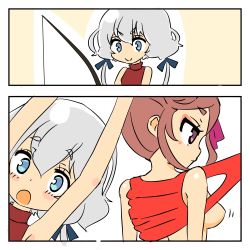 Rule 34 | 10s, 2girls, 2koma, accident, accidental exposure, arms up, backboob, bare shoulders, blue eyes, blush, blush stickers, bow, breasts, brown hair, comic, dutch angle, fishing rod, grey hair, hair bow, highres, konno junko, large breasts, long hair, medium hair, motion lines, multiple girls, no bra, open mouth, purple eyes, smile, standing, tekisui, upper body, yuugiri (zombie land saga), zombie, zombie land saga