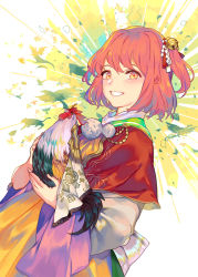 Rule 34 | 1girl, animal, bell, bird, chicken, chinese zodiac, cowboy shot, feathers, grin, hair bell, hair ornament, holding, holding animal, japanese clothes, kimono, layered clothes, layered kimono, long sleeves, looking at viewer, motoori kosuzu, new year, one side up, pink eyes, pink hair, pom pom (clothes), reeh (yukuri130), rooster, smile, solo, touhou, wide sleeves, year of the rooster