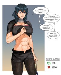 1girl abs black_shirt black_thighhighs blue_eyes blue_hair breasts byleth_(female)_(fire_emblem) byleth_(fire_emblem) commentary covered_erect_nipples fire_emblem fire_emblem:_three_houses highres large_breasts lifting_own_clothes muscular muscular_female nintendo radiostarkiller shirt short_shorts shorts smile solo thighhighs twitter_strip_game