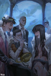 Rule 34 | 1girl, 4boys, ascot, black hair, bon clay, cigar, closed mouth, coat, crocodile (one piece), dark-skinned male, dark skin, daz bones, galdino, hair slicked back, highres, hook hand, indoors, jacket, lips, lipstick, long hair, long sleeves, looking at another, looking at viewer, makeup, miniskirt, multiple boys, navel, necktie, nico robin, one piece, open mouth, patita, scar, scar on face, shirt, short hair, sitting, skirt, smile, standing, stomach, sweater, turtleneck, turtleneck sweater, very short hair, vest