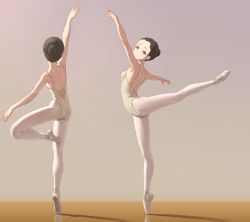 Rule 34 | 1girl, absurdres, arched back, ass, ballet, ballet slippers, black hair, breasts, female focus, full body, gradient background, hair bun, highres, himitsu (hi mi tsu 2), hina saori (himitsu), indoors, leg lift, leotard, multiple views, original, outstretched arms, pantyhose, sideboob, single hair bun, small breasts, standing, standing on one leg, tiptoes, white pantyhose, yellow eyes