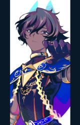 Rule 34 | 1boy, arjuna (fate), arjuna alter (fate), armlet, black border, black gloves, black hair, black shirt, blue capelet, blue horns, border, capelet, chain, closed mouth, dark-skinned male, dark skin, fate/grand order, fate (series), film grain, gloves, glowing horns, gold chain, gold trim, grey eyes, hair between eyes, hand up, highres, horns, ieiieiiei, indian clothes, looking at viewer, male focus, pillarboxed, shirt, short hair, simple background, sleeveless, solo, upper body, vambraces, white background